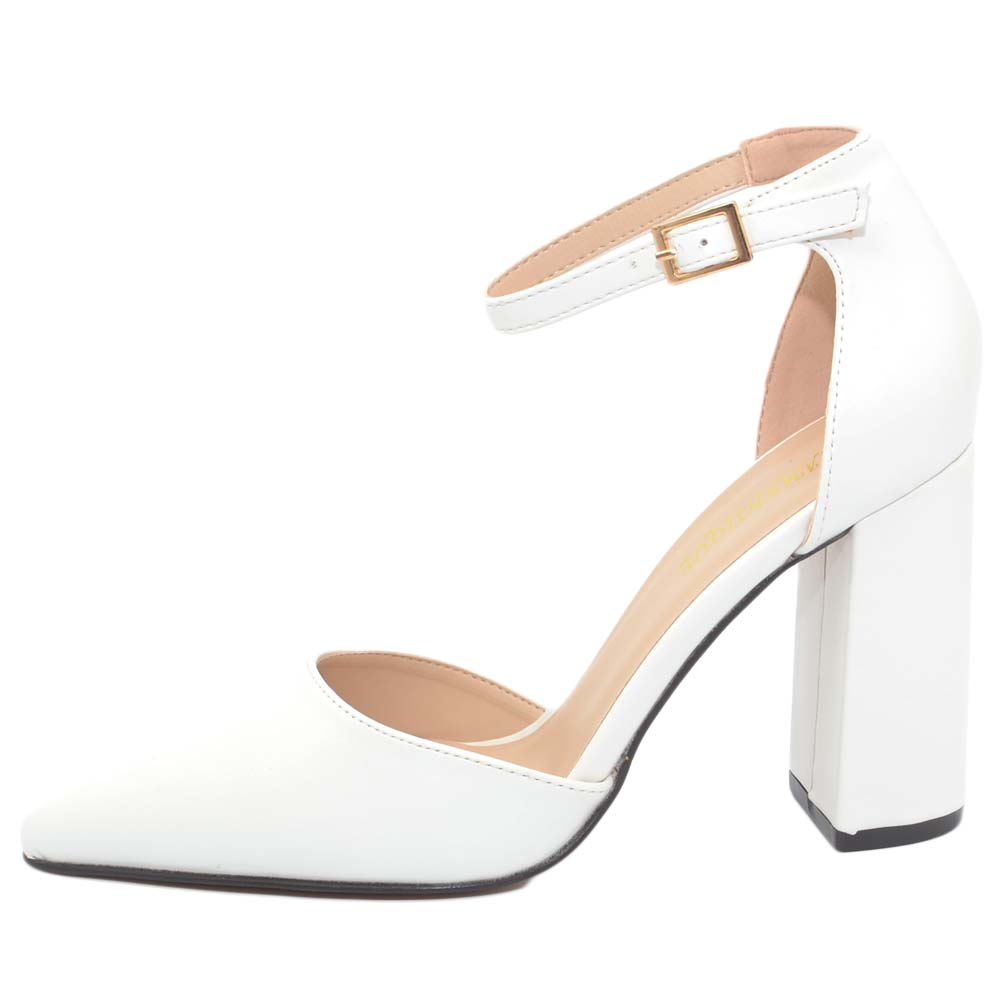 Decollete donna bianco in ecopelle a punta con tacco largo 9 cm e cinturino  alla caviglia linea basic glamour donna d�collet� Malu Shoes | MaluShoes