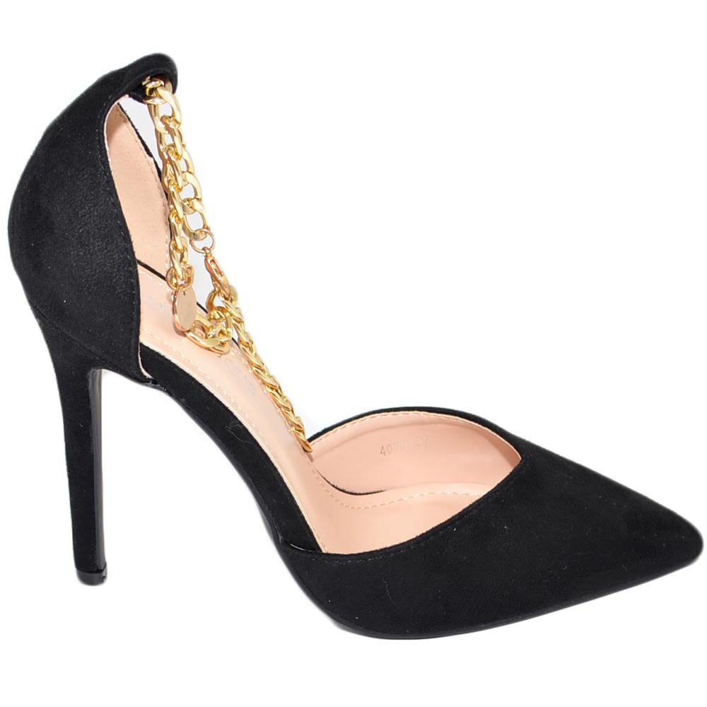 Decollete' donna a punta con catena alla caviglia mary jane tacco spillo 12 ecopelle nero scarpe cerimonie eventi