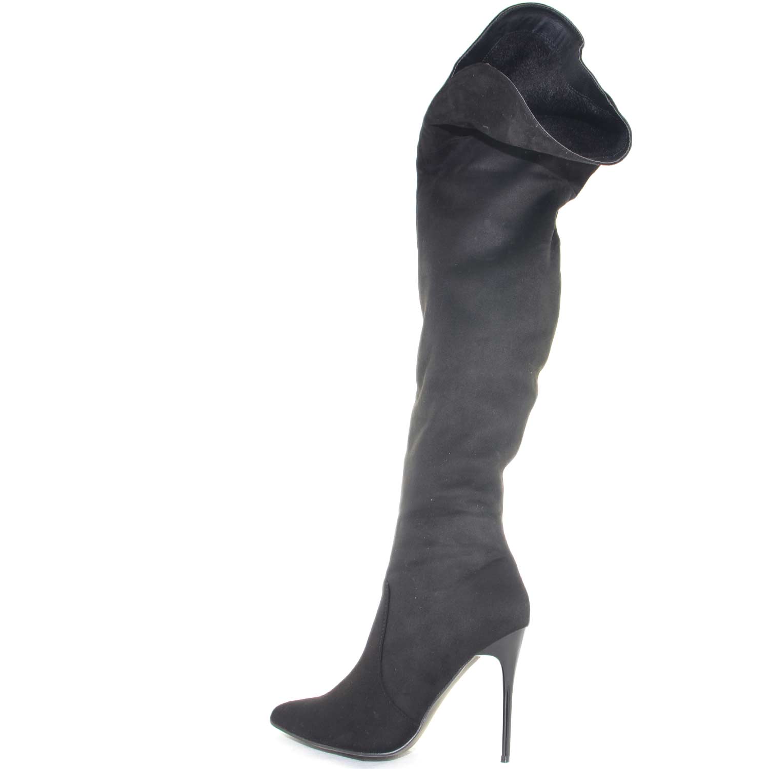 STIVALI ALTI  DONNA IN CAMOSCIO NERO SCOLLO SOPRA GINOCCHIO TACCO A SPILLO LINEA PUNTA MODA GLAMOUR LUXURY 