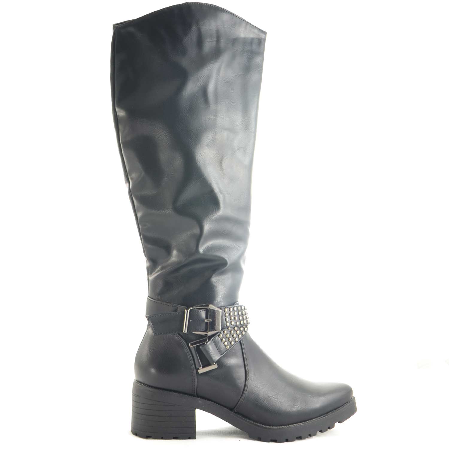 Stivale alto donna sotto ginocchio in ecopelle nero con fibbie e borchie