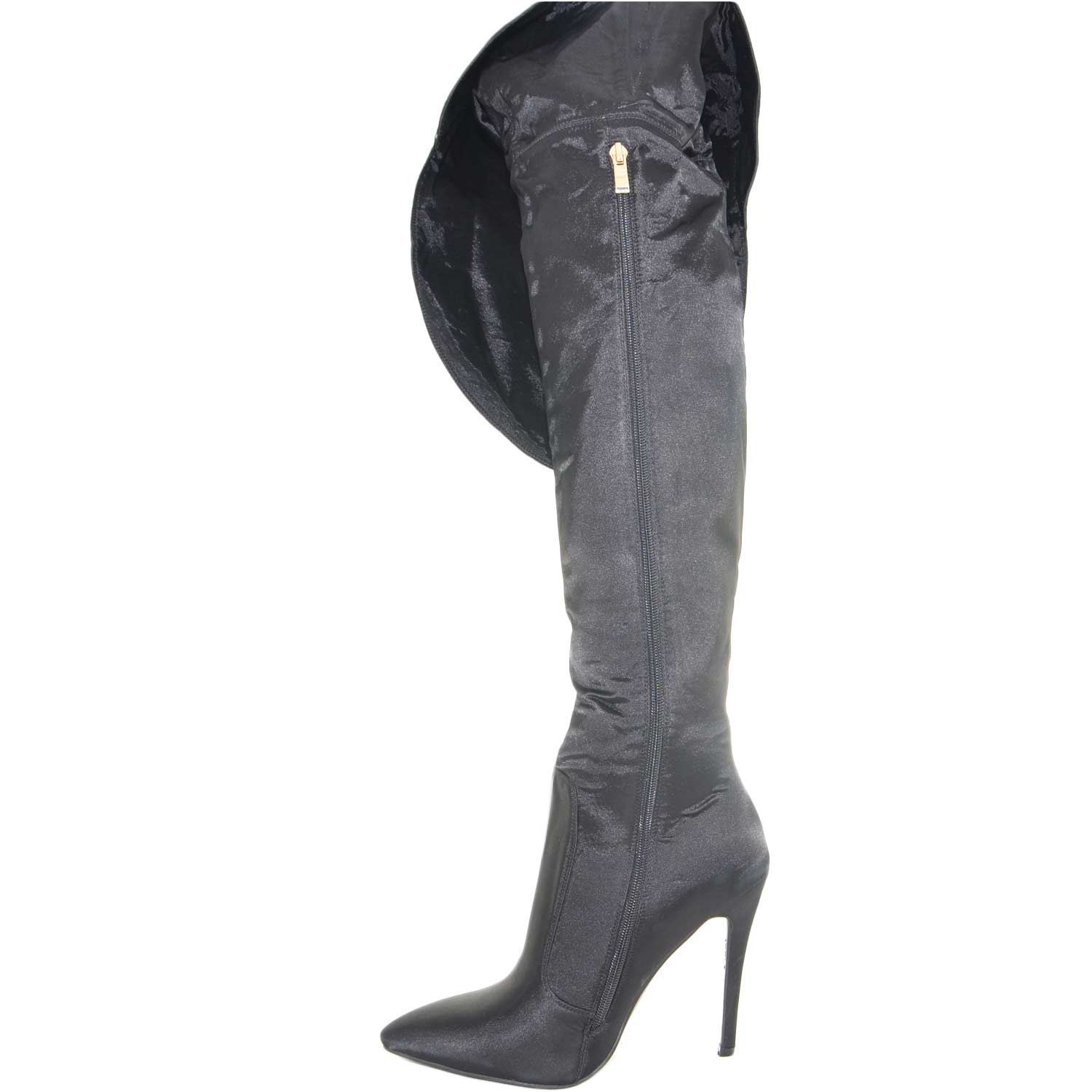 STIVALI ALTI DONNA RASO NERO TACCO A SPILLO SOPRA GINOCCHIO RISVOLTABILI LINEA PUNTA MODA GLAMOUR LUXURY 