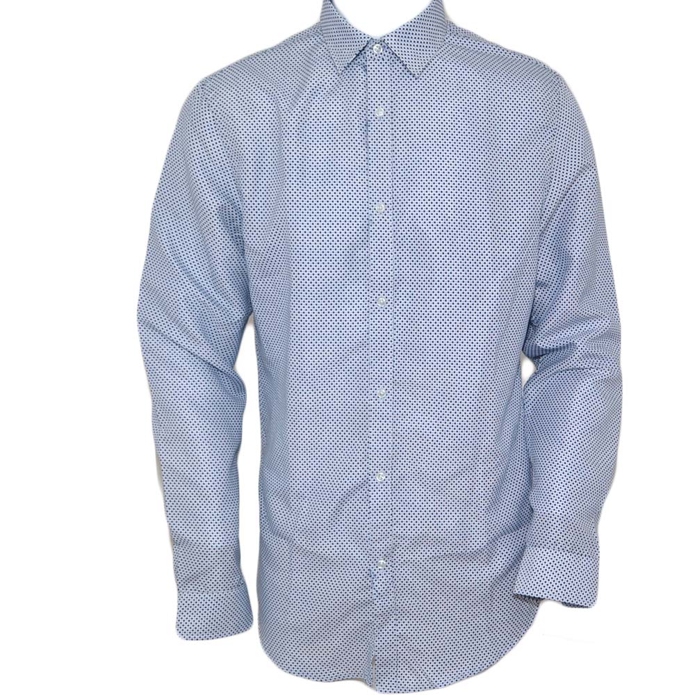 Camicia uomo cotone celeste collo rigido manica lunga motivo astratto blu notte chiusura bottoni 