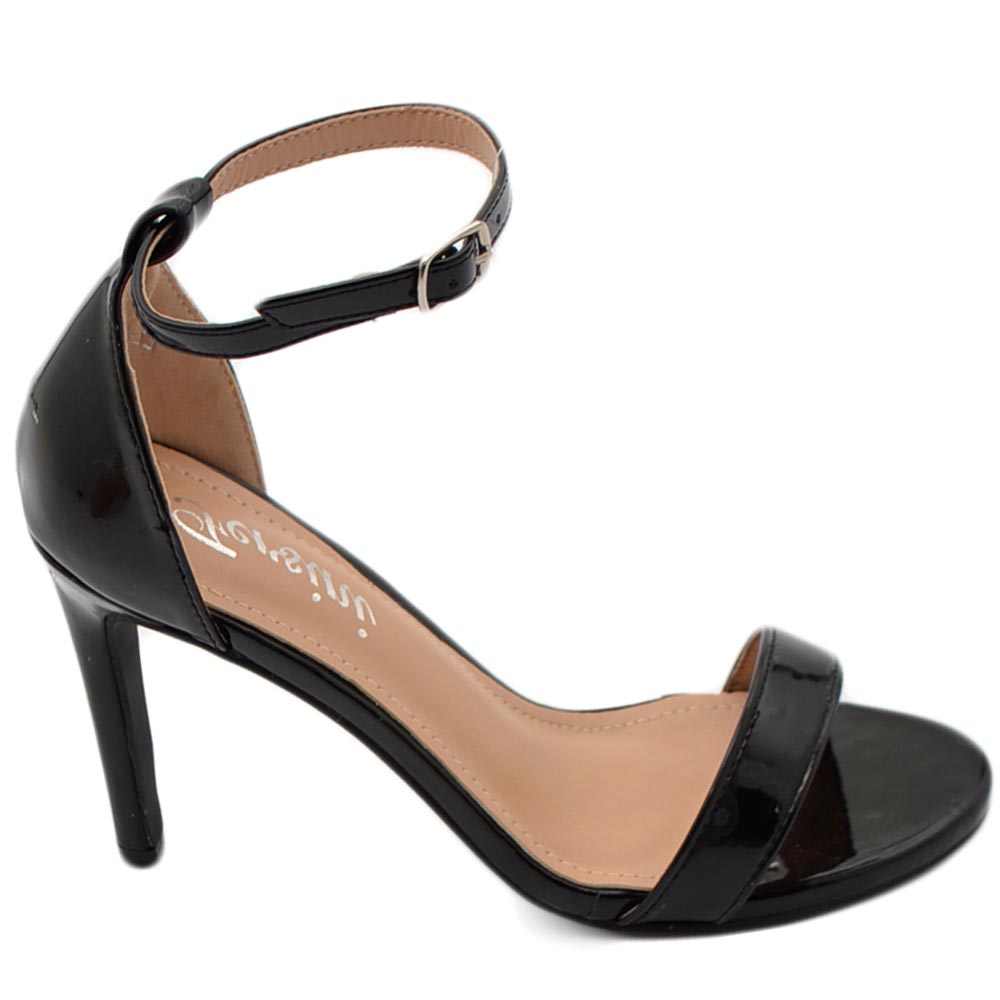 Sandalo donna ecopelle nera tacco sottile 10 cm linea basic con cinturino alla caviglia cerimonia moda