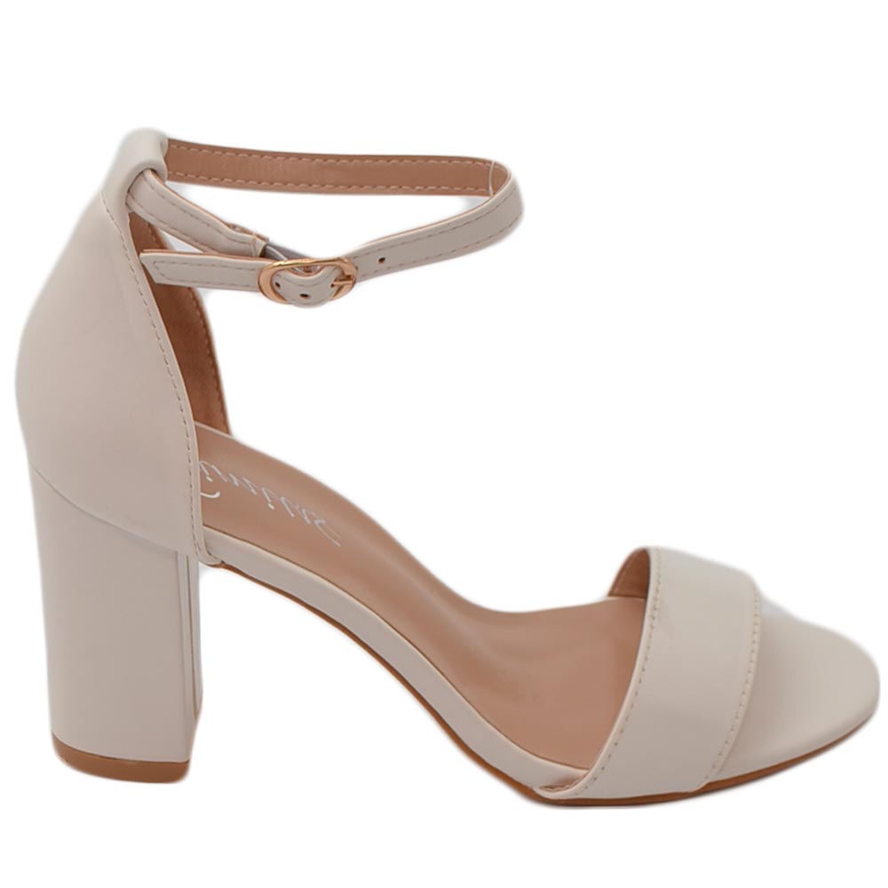 Sandalo alto donna beige con tacco doppio 7 cm cinturino alla caviglia linea basic cerimonia evento elegante.