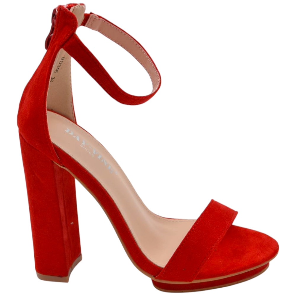 Sandali donna rosso camoscio con plateau rialzato 2 cm e tacco largo 15 cm cinturino alla caviglia elegante.