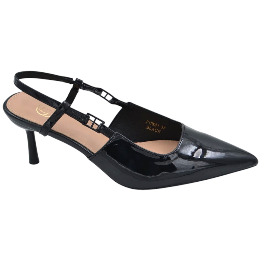 Decolette' donna in pelle lucida nera punta tacco sottile 5 cm cinturino regolabile tallone	.