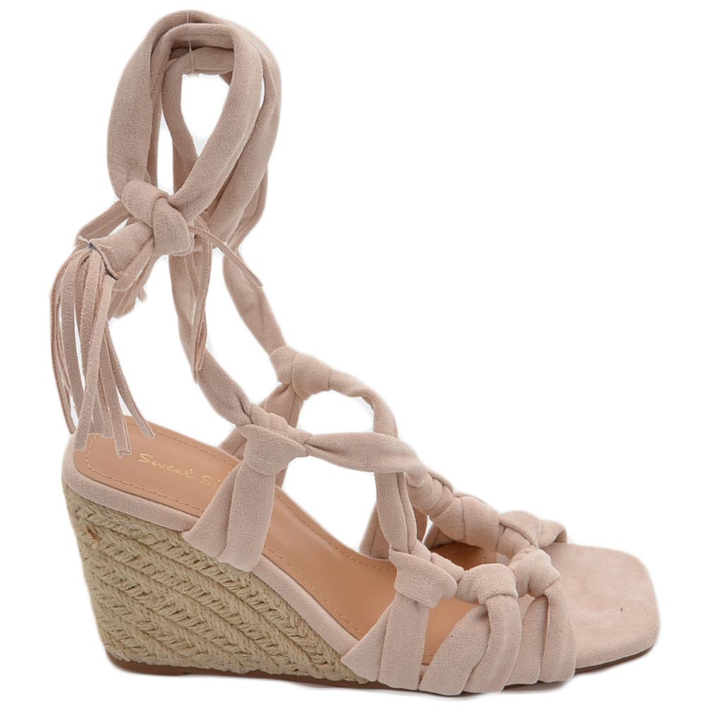 Sandali zeppa donna beige in camoscio suola in cordone e gomma moda mykonos alla schiava gladiatore