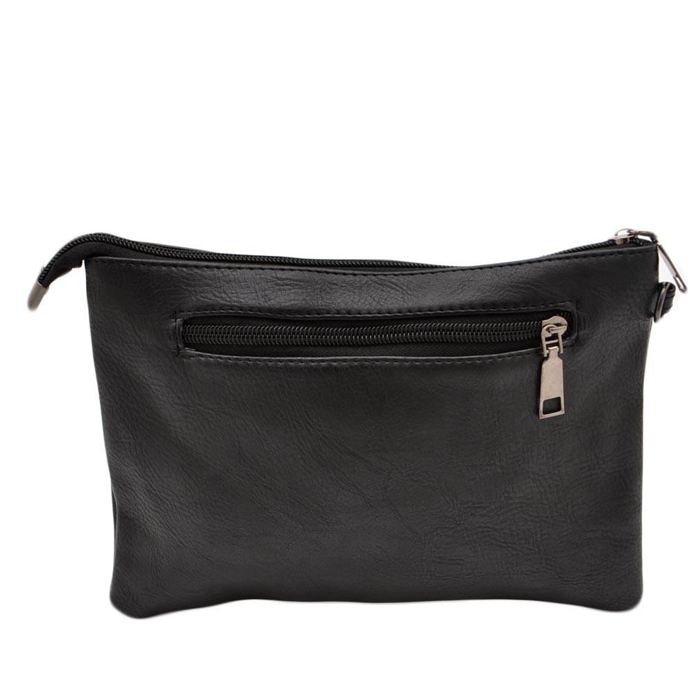 POCHETTE UOMO RETTANGOLARE IN ECOPELLE NERA A MANO CON DOPPIA ZIP COMODO CAPIENTE PORTAOGGETTI .