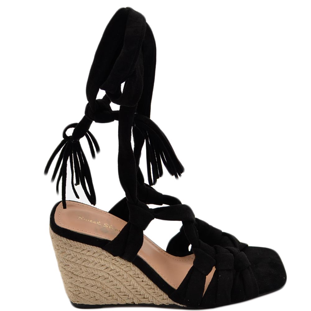 Sandali zeppa donna nero in camoscio suola in cordone e gomma moda mykonos alla schiava gladiatore