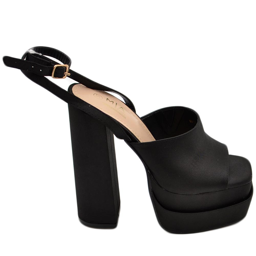 SABOT DONNA TACCO IN RASO NERO TACCO CINTURINO CAVIGLIA DOPPIO 15 CM PLATEAU 6 CM PUNTA QUADRATA OPEN TOE MODA