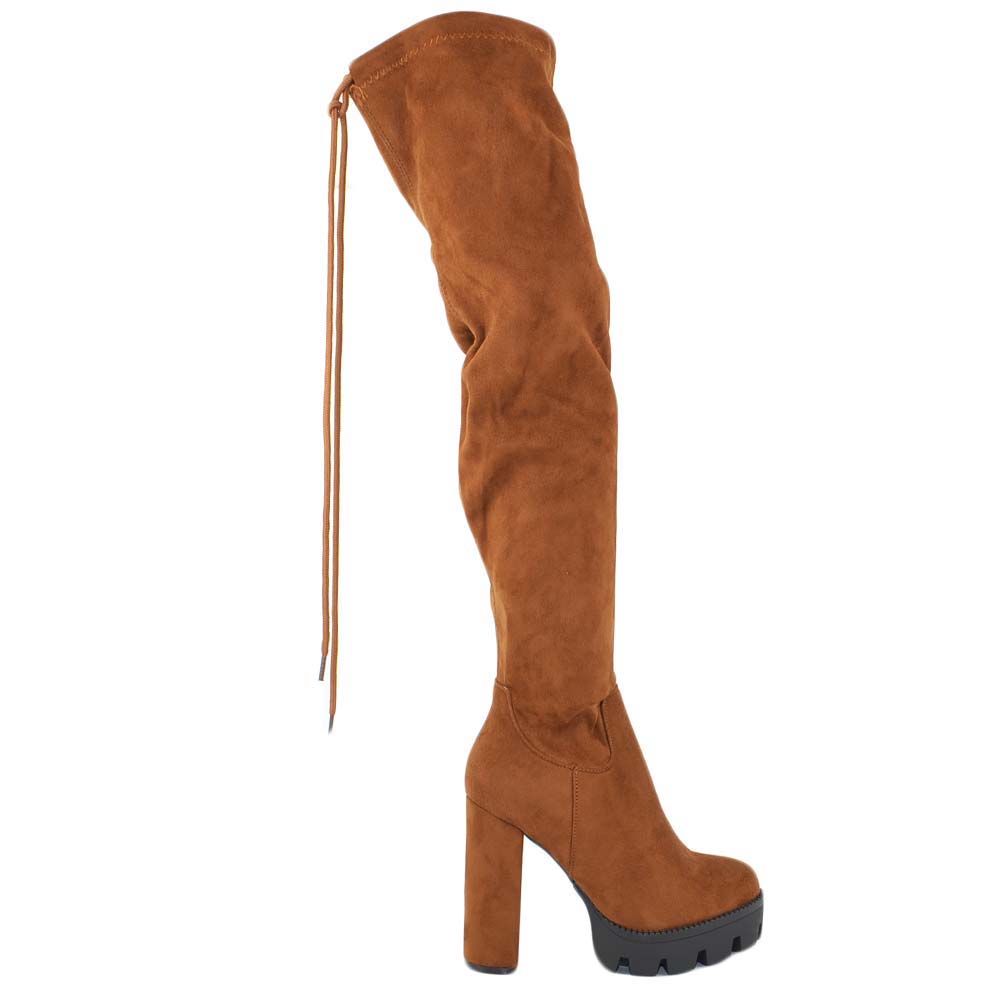 Stivali donna in camoscio cuoio alti sopra il ginocchio con lacco largo e plateau laccetto regolabile zip made in italy