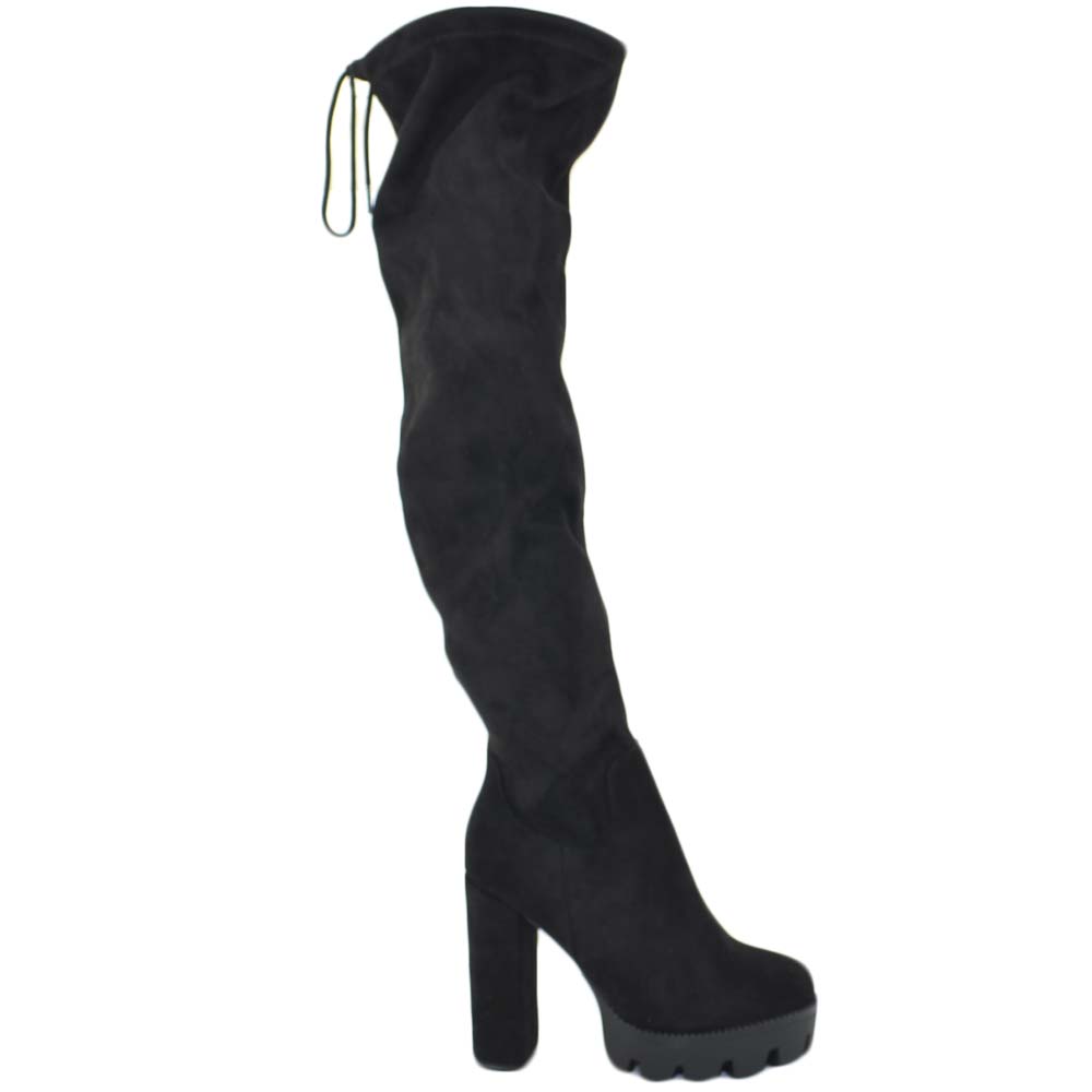 Stivali donna in camoscio nero alti sopra il ginocchio con lacco largo e  plateau | eBay