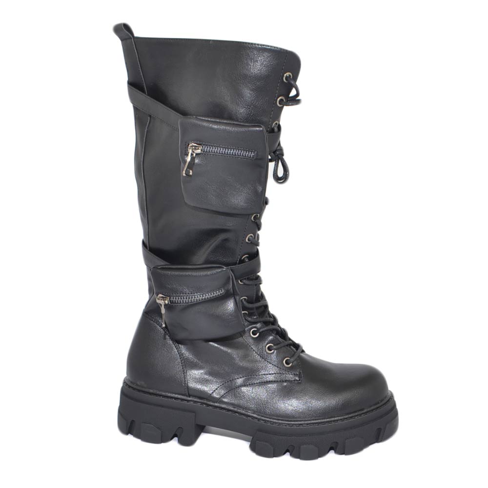 Stivali anfibi donna platform modello chiara doppio taschino zip altezza ginocchio fondo platform lacci lunghi moda