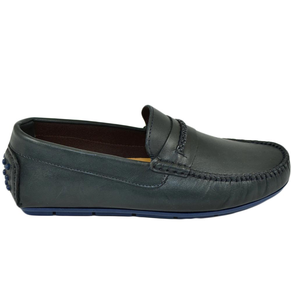 Mocassino car shoes uomo blu bendina treccia made in italy in vera pelle di nappa fondo antiscivolo gomma moda estiva